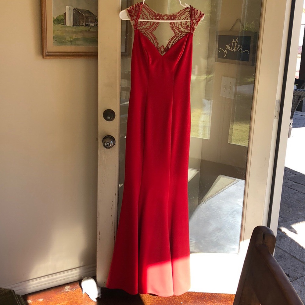 Sherri Hill Red Dress with Beaded Detailing & Sheer Back